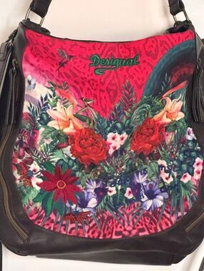 Desigual Floral Leopard Shoulder Bag Brown Pink Embroidered Tassel Handbag